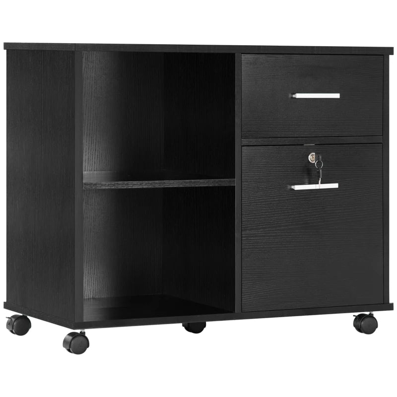 Vinsetto Lateral File Cabinet with Wheels, Mobile Printer Stand with Open Shelves and Drawers for A4 Size Documents, Walunt