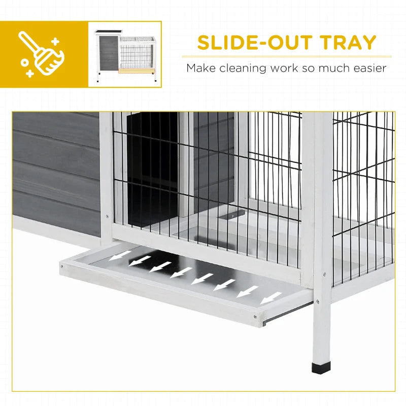 PawHut Wooden Rabbit Hutch Bunny Hutch Cage Guinea Pig with Waterproof Roof, No Leak Tray and Feeding Trough, Indoor/Outdoor, Gray