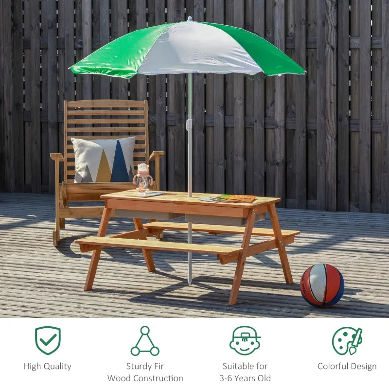 Outsunny Kids Picnic Table with Umbrella and Storage Inside, Sand and Water Table, Kids Outdoor Furniture, Wooden Bench Backyard Furniture for Garden, Patio, or Balcony