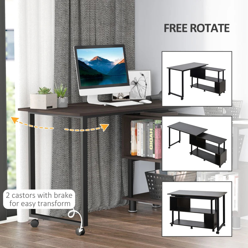 HOMCOM Mobile L-Shaped Rotating Computer Desk with Storage Shelves Moveable Rolling Writing Table Home Office Study Workstation for Home Office, Coffee