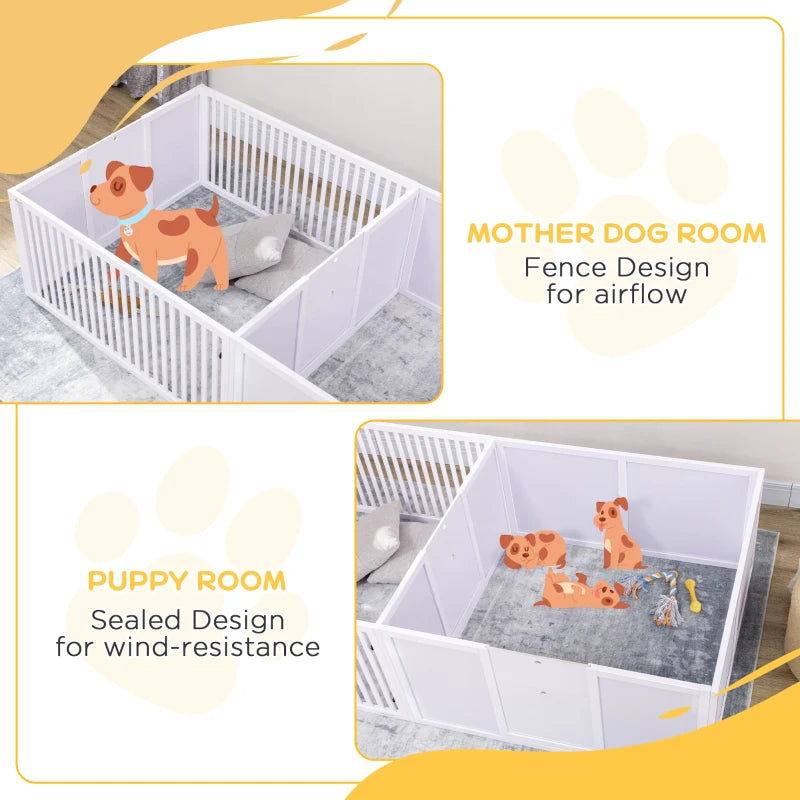 PawHut Whelping Box for Dogs Built for Mother's Comfort, Dog Whelping Pen with Removable Doors, Puppy Playpen for Indoors, Newborn Puppy Supplies & Essentials, 81" x 39" x 20", White
