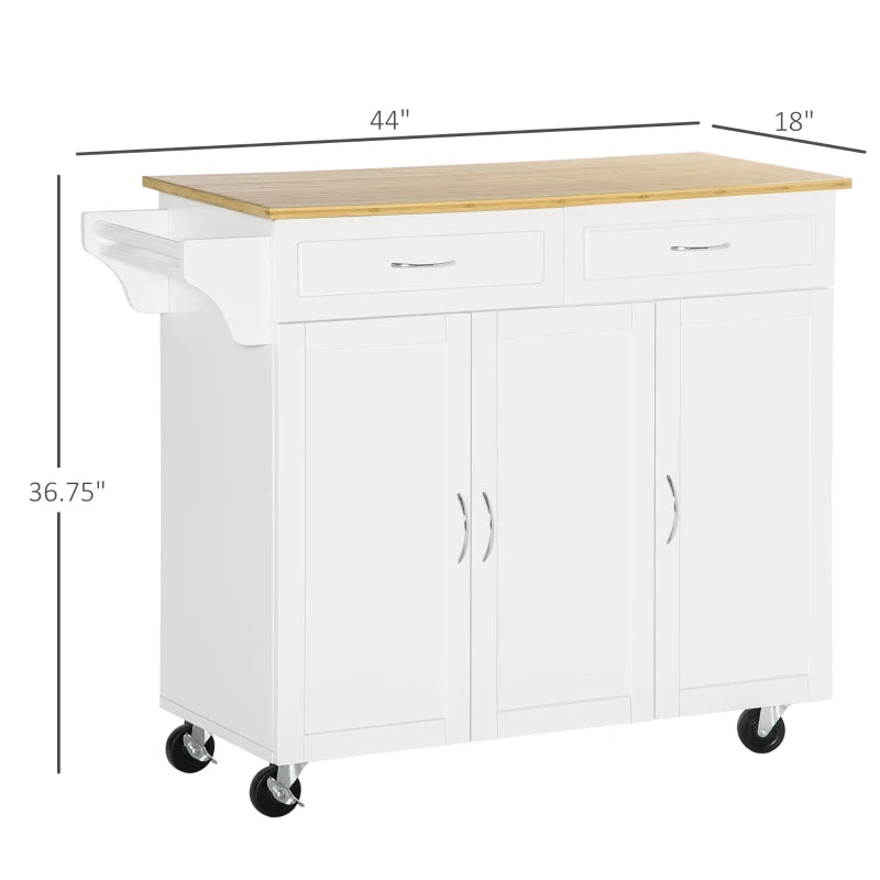 HOMCOM Rolling Kitchen Island with Storage, Portable Kitchen Cart with Stainless Steel Top, 2 Drawers, Spice, and Towel Rack and Cabinets, White-1