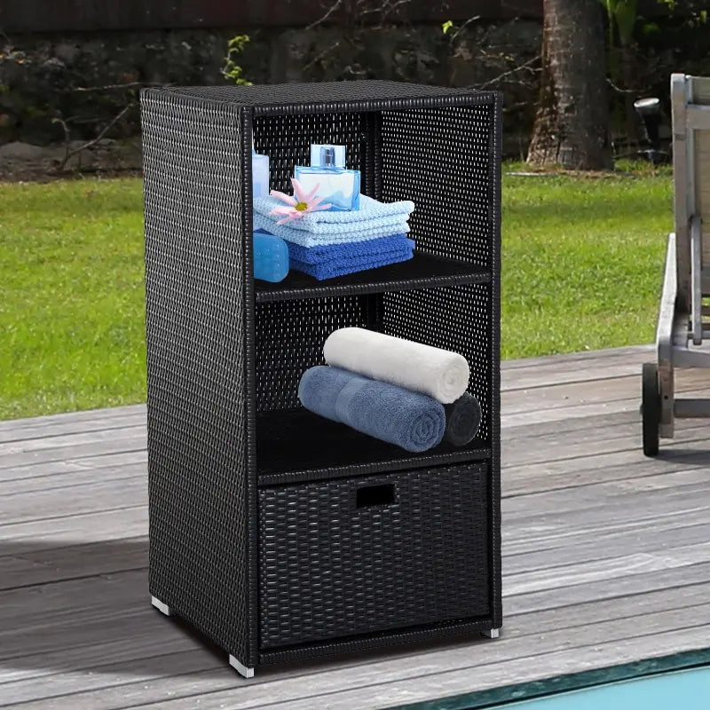 Outsunny Valet Pool Towel Rack, Waterproof PE plastic Rattan Wicker, Indoor Outdoor Spa, and Hot Tub Accessory Storage, 2 Shelves, 1 Basket Drawer, Gray