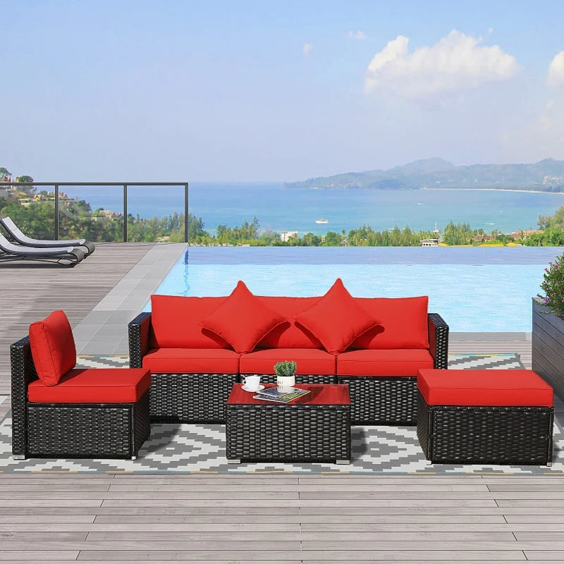 Outsunny 6 Pieces Patio Furniture Sets Outdoor Wicker Conversation Sets All Weather PE Rattan Sectional sofa set with Ottoman, Cushions & Tempered Glass Desktop, Beige