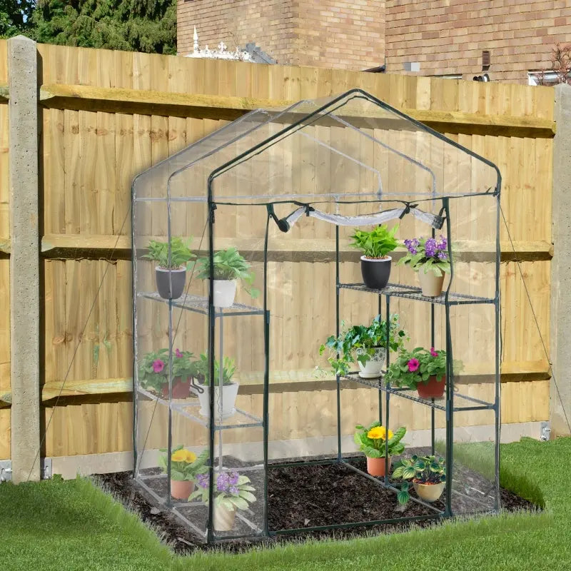 Outsunny 56" x 29" x 77" Mini Greenhouse, Walk-in Greenhouse, Garden Hot House with 4 Shelves, Roll-Up Door and Weatherized Cover, Deep Green