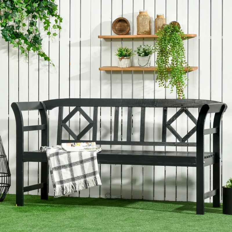 Outsunny Three-Person Wooden Bench, Three-Seater Outdoor Patio Bench, Backrest and Armrests, Rustic Country Diamond Pattern, Slatted Seat for Backyard, Porch Garden, Black