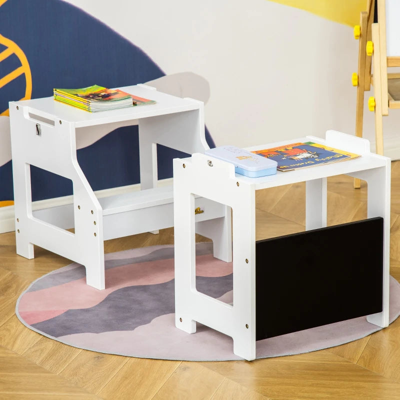 Qaba 2 in1 Kids kitchen step stool Step Stool Table & Chair Set w/ Chalkboard