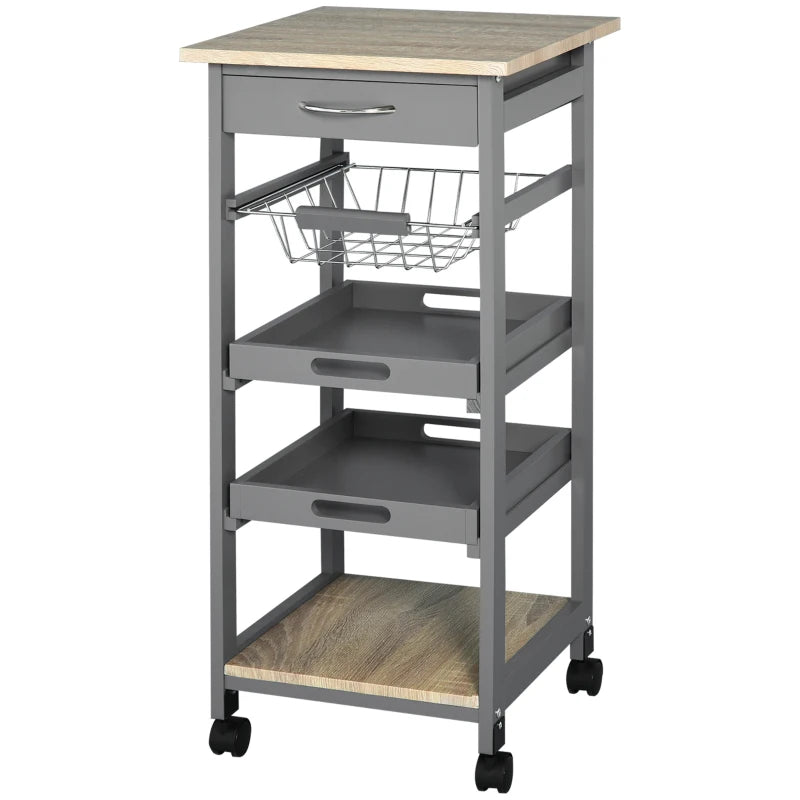 HOMCOM Mobile Rolling Kitchen Island Trolley Serving Cart with Underneath Drawer & Slide-Out Wire Storage Basket, Grey
