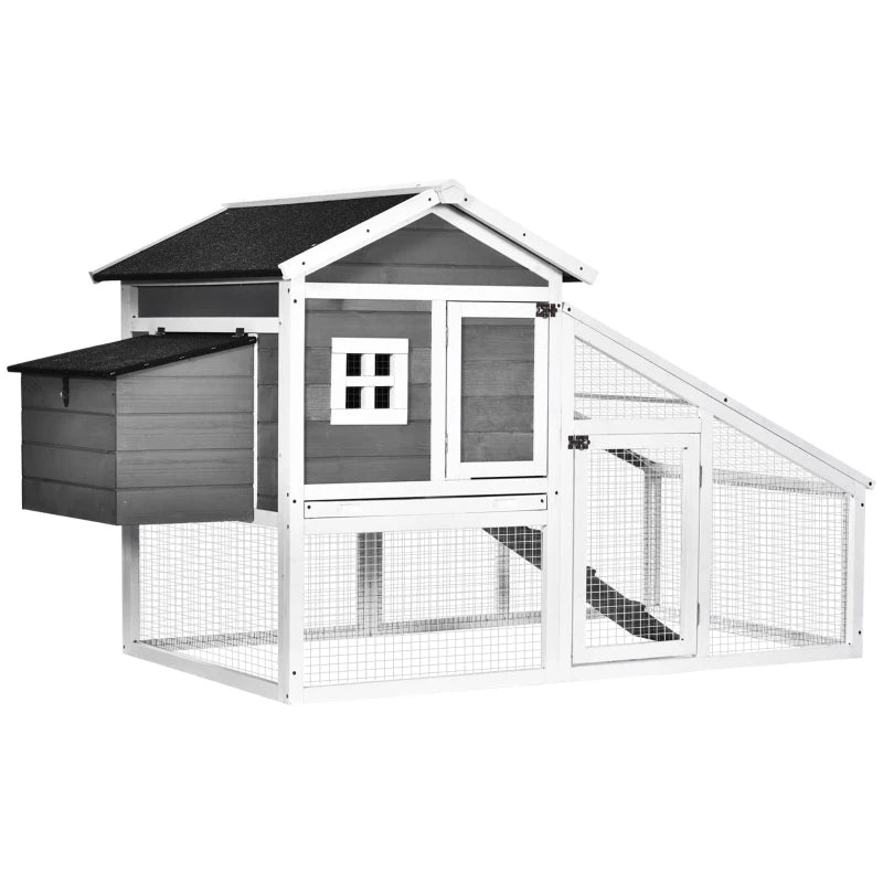PawHut 69" Chicken Coop Wooden Backyard Poultry Hen Cage, Rabbit Hutch Pen, with Run w/ Nesting Box, Removable Tray for Easy Cleaning, Asphalt Roof, and Safe Lockable Door