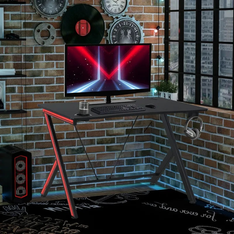 HomCom 41 inch Gaming Computer Desk, Home Office Gamer Table Workstation with Cup Holder, Headphone Hook, Cable Management, Carbon Fiber Surface