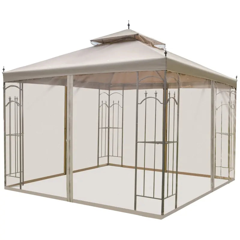 Outsunny 10' x 10' Patio Gazebo with Corner Frame Shelves, Double Roof Outdoor Gazebo Canopy Shelter with Netting, for Patio, Wedding, Catering & Events, Gray