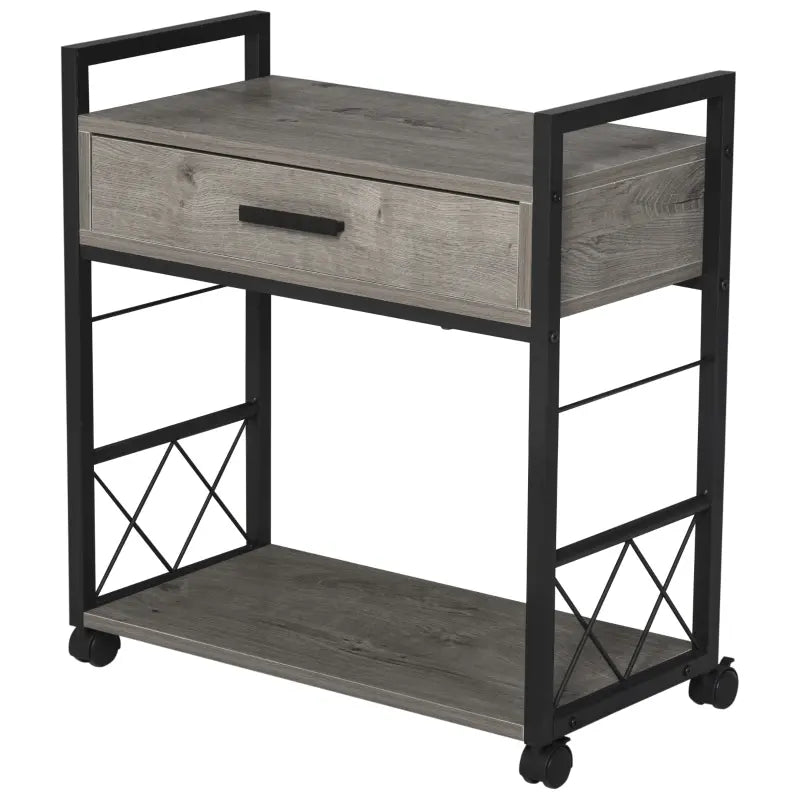HOMCOM Industrial Style Rolling Side Table Utility Cart with Drawer, 2-Tier Shelf, Wooden Bedside Night Stand, Grey