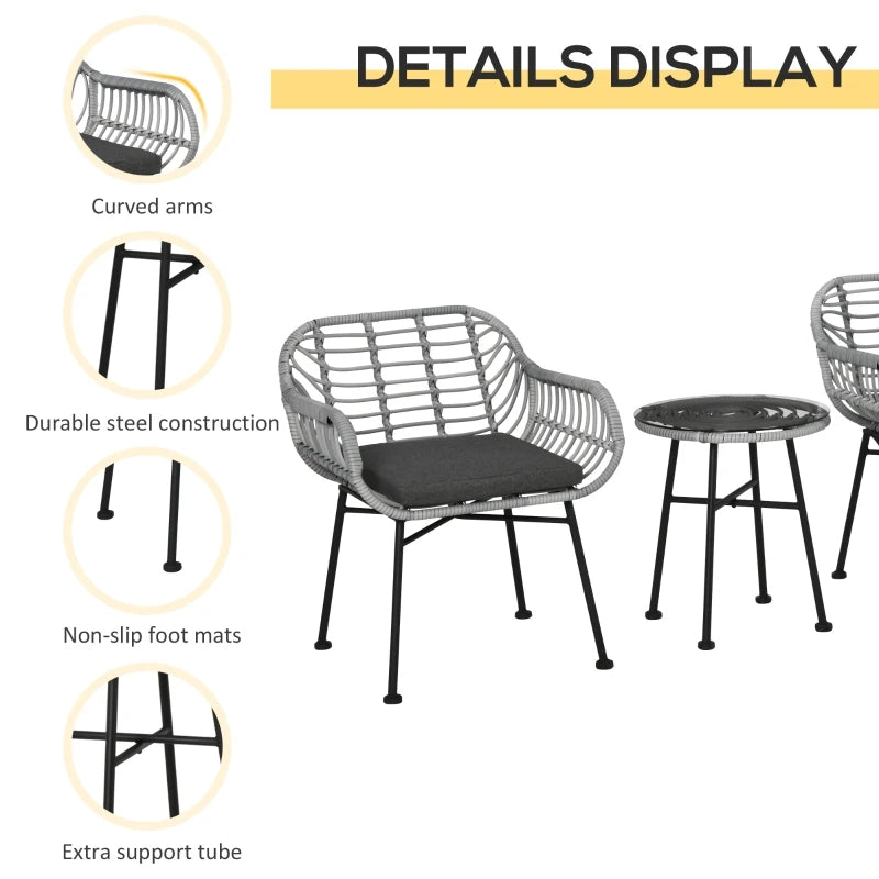 Outsunny 3 Piece Patio Set, Outdoor Bistro Furniture, PE Rattan Wicker Table and Chairs, Cushioned, Hand Woven, Barrel-Style with Tempered Glass for Garden, Porch, Pool, Backyard, Cream White