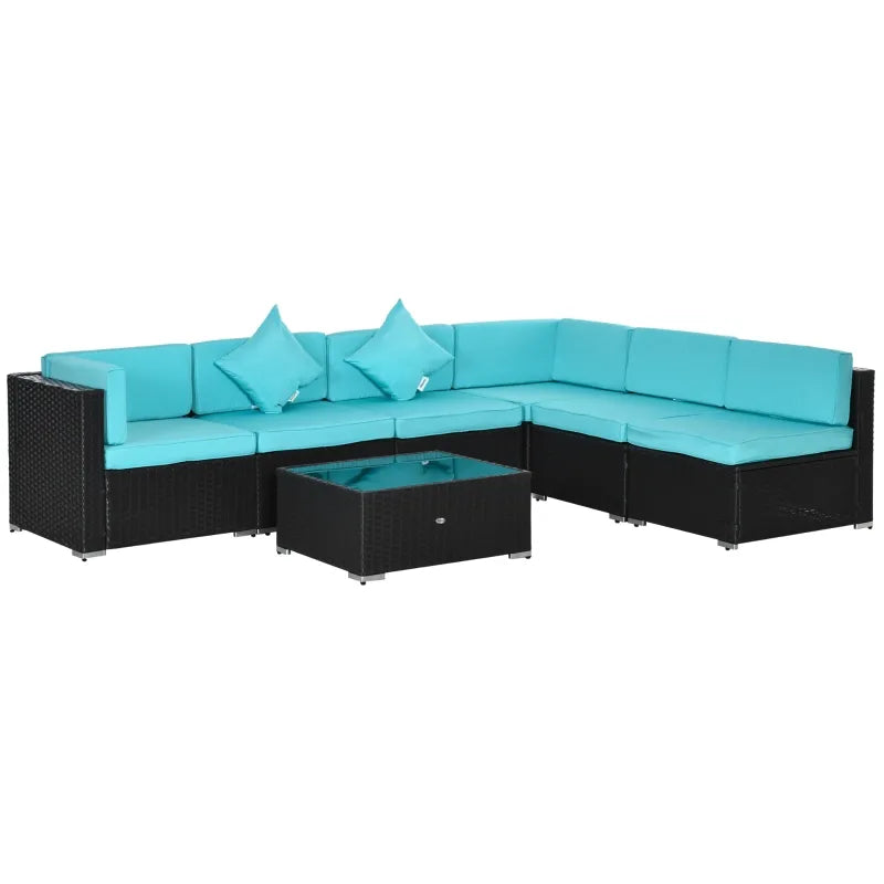 Outsunny 7-Piece Outdoor Wicker Patio Sofa Set, Modern Rattan Conversation Furniture Set with Cushions, Pillows and Tea Table - Blue