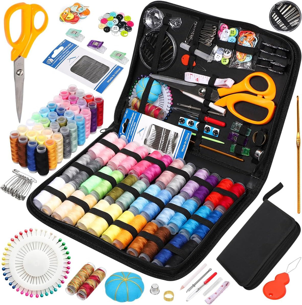 JUNING Sewing Kit with Case, Sewing Supplies for Home Travel and Emergency, Kids Machine, Contains Spools of Thread, Mending and Sewing Needles, Scissors, Thimble, Tape Measure