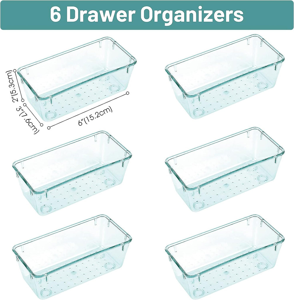 WOWBOX 6 PCS Plastic Drawer Organizer Set, Desk Drawer Divider Organizers and Storage Bins for Makeup, Jewelry, Gadgets for Kitchen, Bedroom, Bathroom, Office