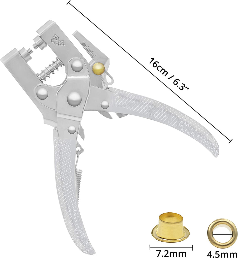 Kurtzy Eyelet Hole Punch Pliers Kit with 100 Eyelets - 16cm/6.3 Inch Leather Belt Grommet Tool - 7.2mm Gold Metal Grommets - Plier Puncher Set for Fabric, Clothes, Shoes, Bags and Crafts