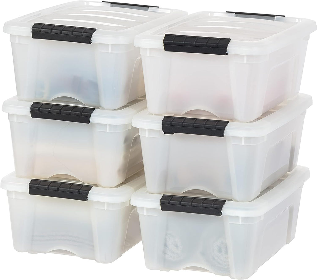 IRIS USA 12 Quart Stackable Plastic Storage Bins with Lids and Latching Buckles, 6 Pack - Pearl, Containers with Lids and Latches, Durable Nestable Closet, Garage, Totes, Tub Boxes Organizing