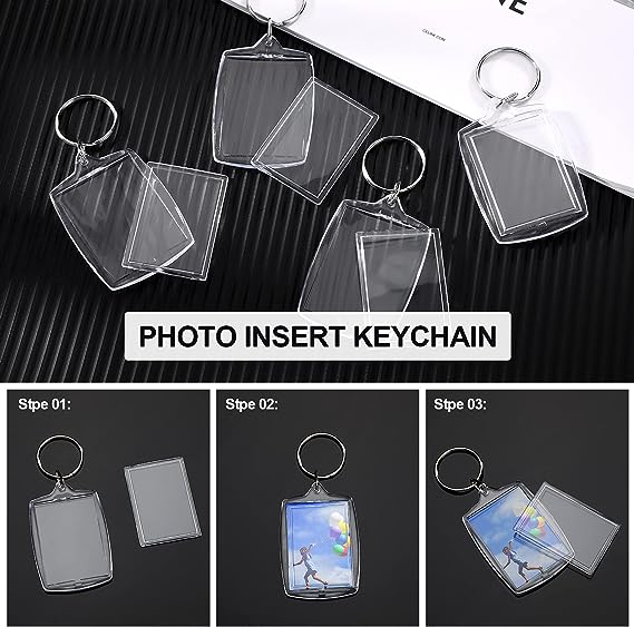 MTLEE 100 Pieces Clear Acrylic Photo Frame Keychain Photo Insert Keyrings Blank Rectangle DIY Keychain Picture Frame Keyring with Split Ring Suit for 1.3 x 1.8 Inches Photos