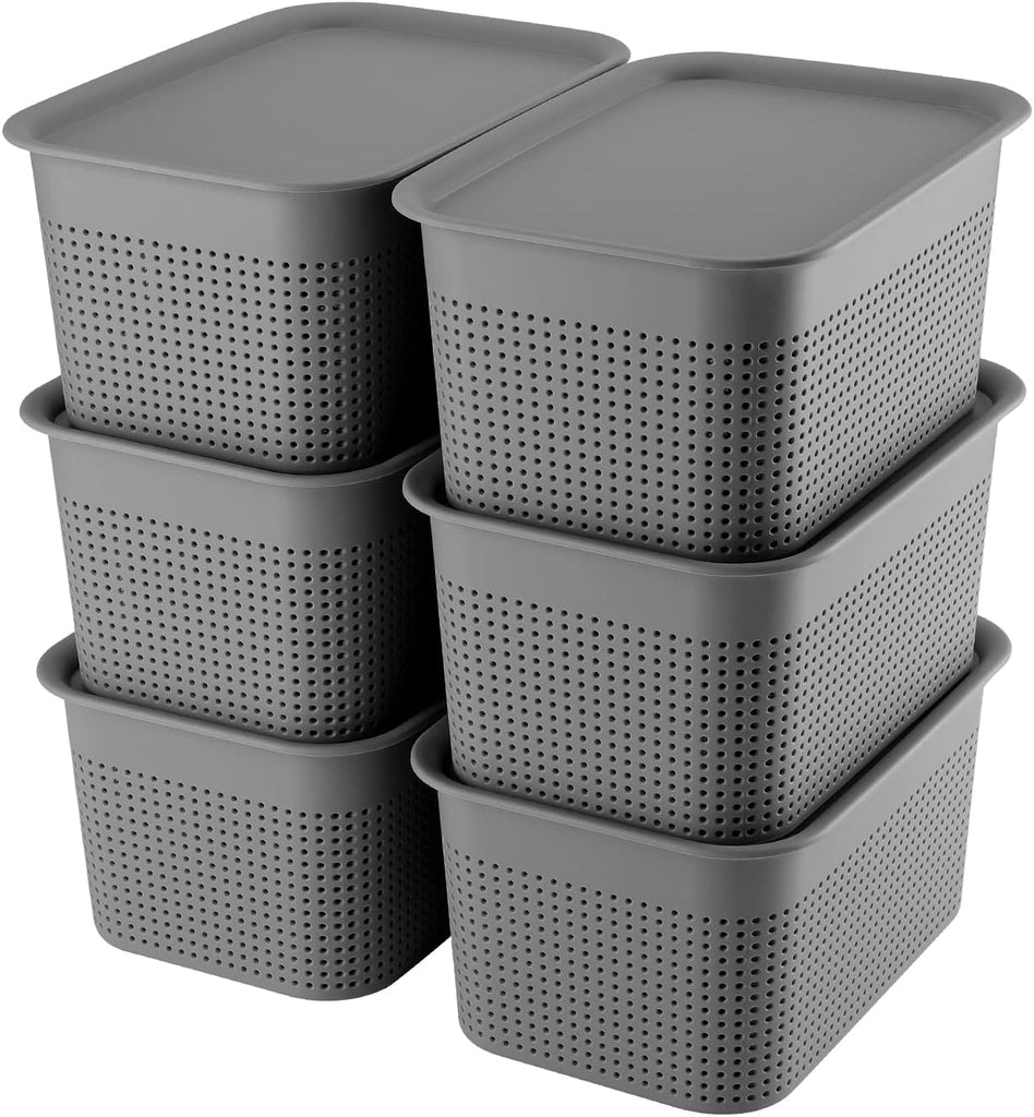 AREYZIN Plastic Storage Baskets With Lids Set of 6 Lidded Storage Organizer Bins Containers Baskets for Organizing Shelves Desktop Closet Playroom Classroom Office, 10.6X7.5X5.1 Inches, Grey