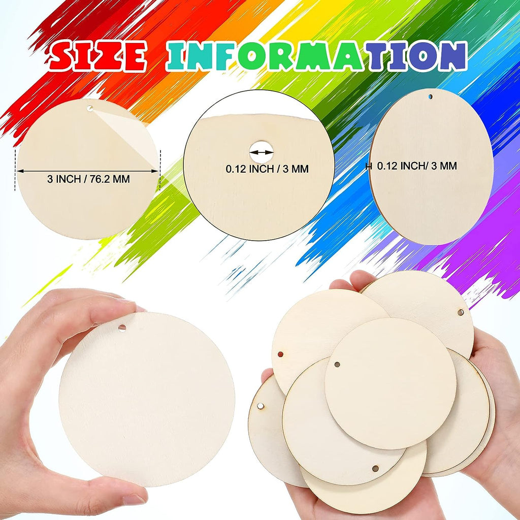 100 Pieces Unfinished Round Wooden Circles with Holes Round Wood Discs for Crafts Blank Natural Wood Circle Cutouts for DIY Crafts Party Birthday Christmas Decoration (3 Inch)