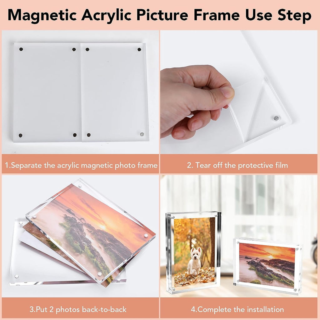 YixangDD Acrylic Picture Frames 4x6 Inches - 3 Pack, Magnetic Acrylic Picture Photo Frame，Double Sided Clear Frameless Photo Frame ， Magnetic Desktop Transparent Frame for display Picture、photos