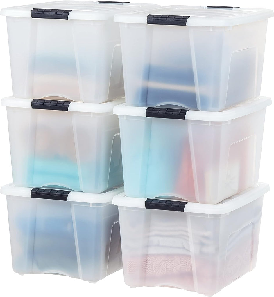 IRIS USA 40 Quart Stackable Plastic Storage Bins with Lids and Latching Buckles, 6 Pack - Pearl, Containers with Lids and Latches, Durable Nestable Closet, Garage, Totes, Tub Boxes Organizing