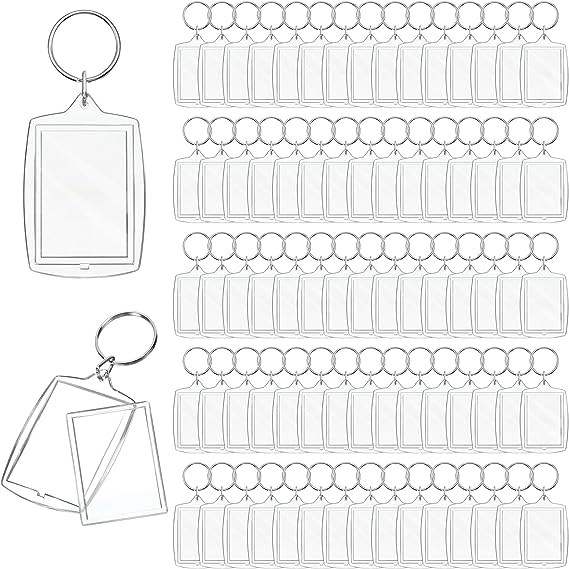 MTLEE 100 Pieces Clear Acrylic Photo Frame Keychain Photo Insert Keyrings Blank Rectangle DIY Keychain Picture Frame Keyring with Split Ring Suit for 1.3 x 1.8 Inches Photos