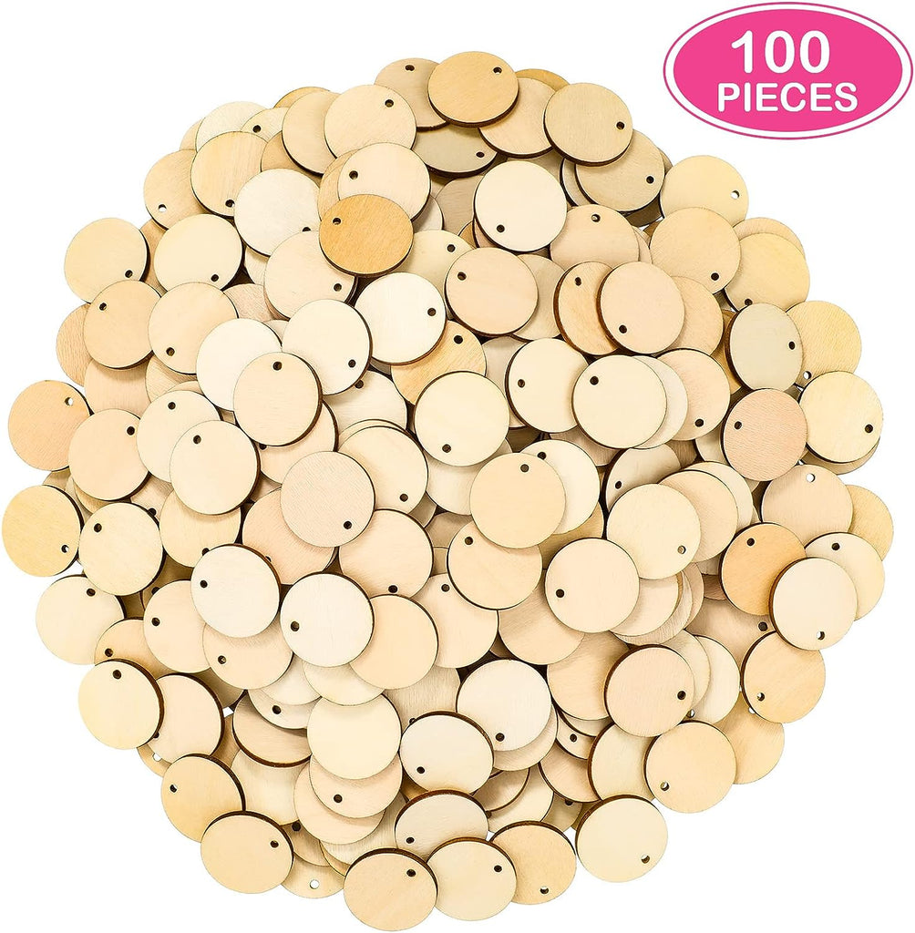 100 Pieces Unfinished Round Wooden Circles with Holes Round Wood Discs for Crafts Blank Natural Wood Circle Cutouts for DIY Crafts Party Birthday Christmas Decoration (1 Inch)