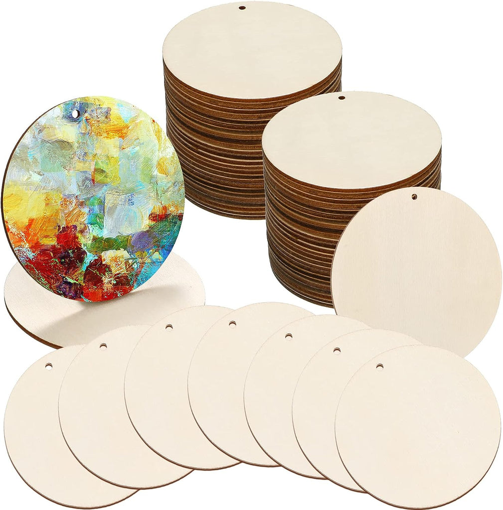 100 Pieces Unfinished Round Wooden Circles with Holes Round Wood Discs for Crafts Blank Natural Wood Circle Cutouts for DIY Crafts Party Birthday Christmas Decoration (3 Inch)
