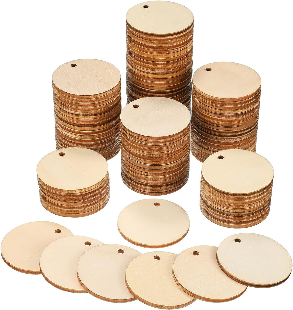 100 Pieces Unfinished Round Wooden Circles with Holes Round Wood Discs for Crafts Blank Natural Wood Circle Cutouts for DIY Crafts Party Birthday Christmas Decoration (1.5 Inch)
