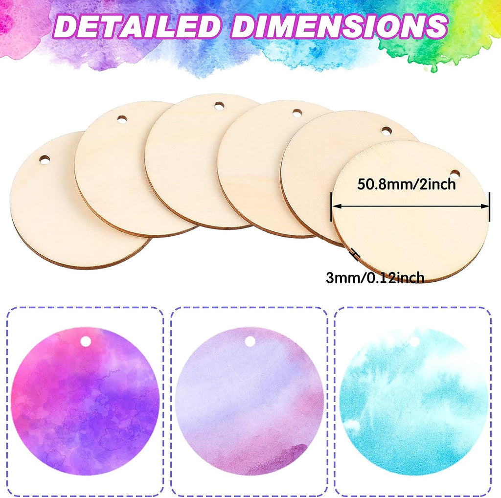 100 Pieces Unfinished Round Wooden Circles with Holes Round Wood Discs for Crafts Blank Natural Wood Circle Cutouts for DIY Crafts Party Birthday Christmas Decoration (2 Inch)
