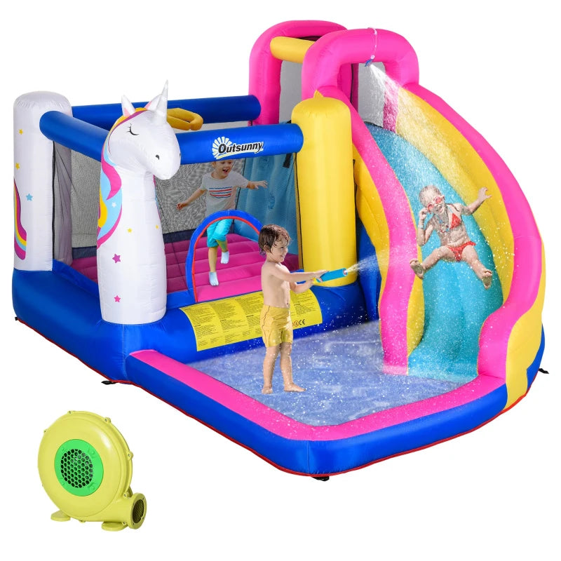 Outsunny 5-in-1 Inflatable Water Slide, Kids Castle Bounce House with Slide, Basketball, Pool, Water Cannon, Climbing Wall Includes Carry Bag, Repair Patches, 680W Air Blower