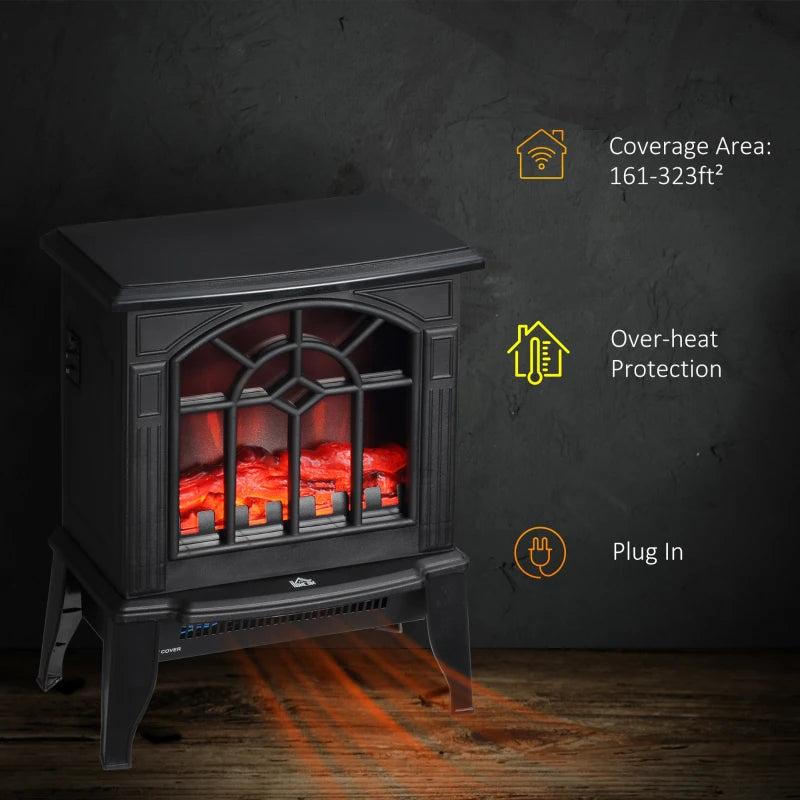 HOMCOM Electric Fireplace Heater, Fireplace Stove with Realistic LED Flames and Logs, Remote Control and Overheating Protection, 750W/1500W, Black