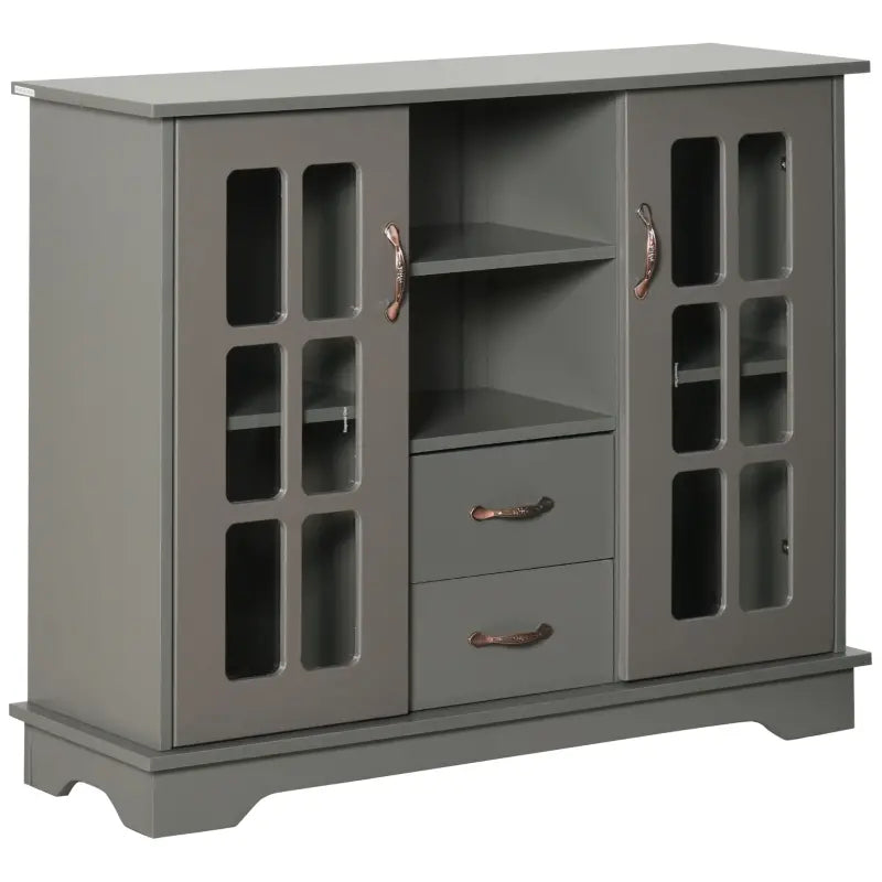 HOMCOM Sideboard Buffet Cabinet, Kitchen Cabinet, Coffee Bar Cabinet with 2 Framed Glass Doors, 2 Drawers and 2 Open Shelves for Living Room, Gray