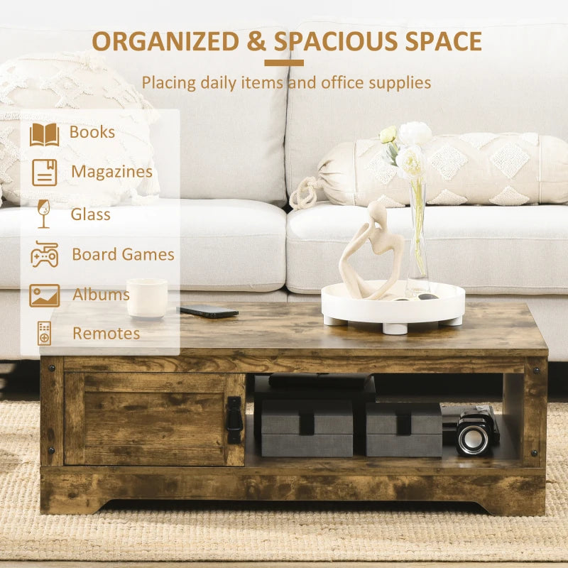 HOMCOM Rustic Coffee Table with Storage, Vintage Coffee Table for Living Room Furniture, Cocktail Table with Cabinet, Open Storage Compartments, Brown