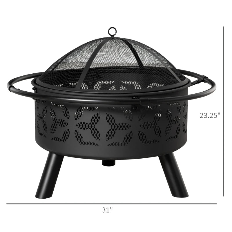 Outsunny Copper-Colored Round Basin Wood Fire Pit Bowl with Organic Black Base, a Wood Poker & Mesh Screen for Embers