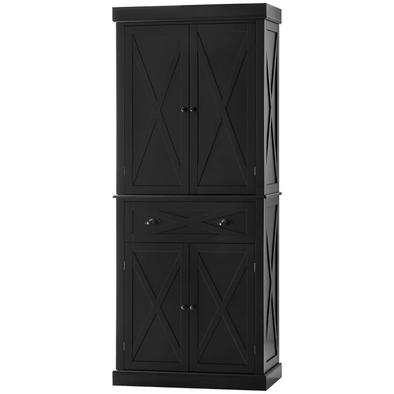HOMCOM Freestanding Modern Farmhouse 4 Door Kitchen Pantry Cabinet, Storage Cabinet Organizer with 6-Tiers, 1 Drawer and 4 Adjustable Shelves, Black
