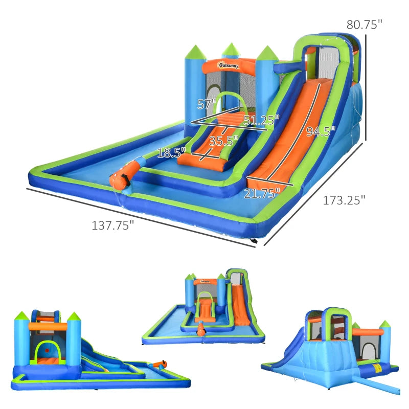 Outsunny 5 in-1 Kids Bounce House with Two Slides, Pool, Trampoline, Climbing Wall, Water Cannon, Inflatable Water Slide for Outdoor Indoor with Blower, Carrying Bag, for 3-8 Years Old