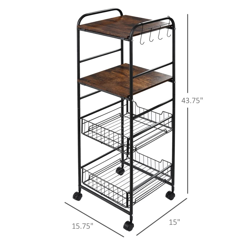 HOMCOM 24" 3-Tier Rolling Kitchen Cart, Utility Storage Trolley with 2 Basket Drawers, Side Hooks for Dining Room, Brown