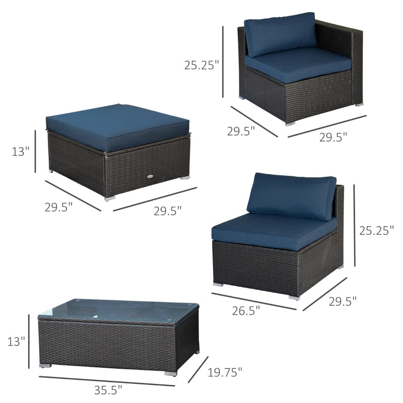 Outsunny 5-Piece Outdoor Sectional Furniture, Patio All-Weather PE Rattan Wicker Couch Sofa Sets with Cushions, Pillows, Glass Coffee Table,  for Garden, Backyard, Blue