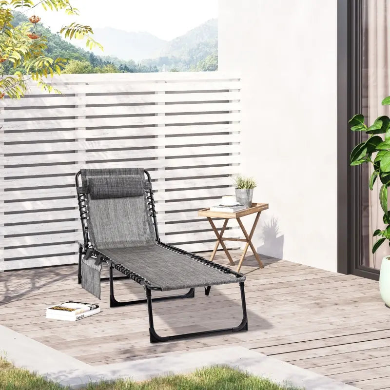 Outsunny Reclining Chaise Lounge Chair, Portable Sun Lounger, Folding Camping Cot, with Adjustable Backrest and Removable Pillow, for Patio, Garden, Beach, Grey