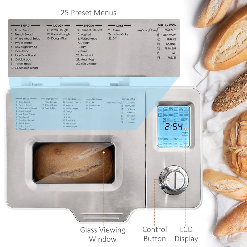 HOMCOM 2LB Bread Maker, Stainless Steel Bread Machine with 25 Programmable Settings, 3 Shade Crust Options, LCD Display, Gluten Free, Silver
