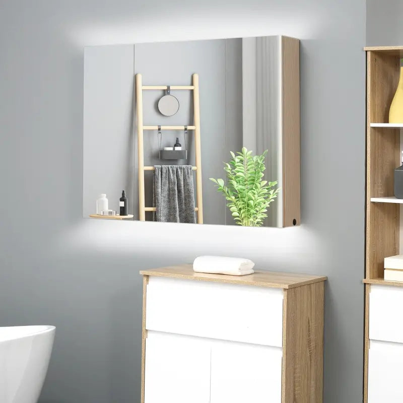 kleankin 36" x 24" Triple Door LED Bathroom Mirror Medicine Cabinet with Adjustable Shelf - White Oak