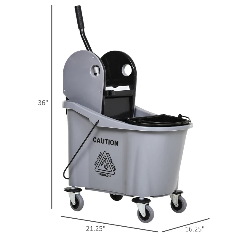 HOMCOM 9.5 Gallon(38 Quart) Mop Bucket with Wringer Cleaning Cart, 4 Moving Wheels, 2 Separate Buckets, & Mop-Handle Holder - Grey