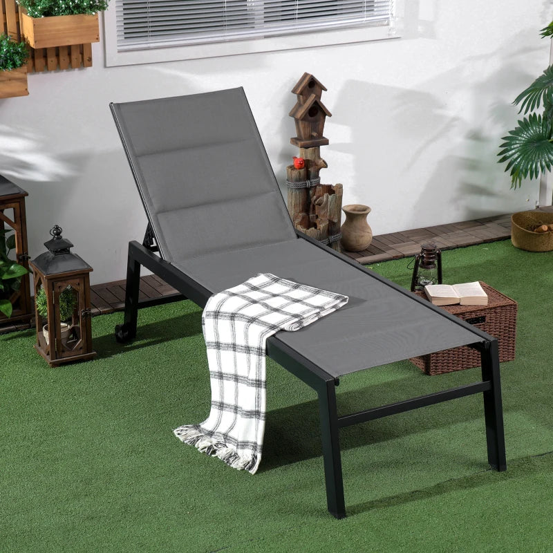 Outsunny Outdoor Lounge Chair, Patio Lounger with 5-Position Reclining Backrest and 2 Wheels for Poolside, Beach, Lawn, Cream White