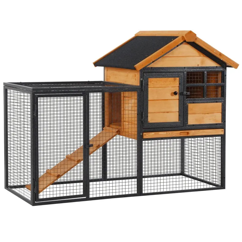PawHut 42.5" Wooden Rabbit Hutch Bunny Cage Small Animal House Enclosure with Ramp, Removable Tray and Weatherproof Roof for Outdoor, Gray