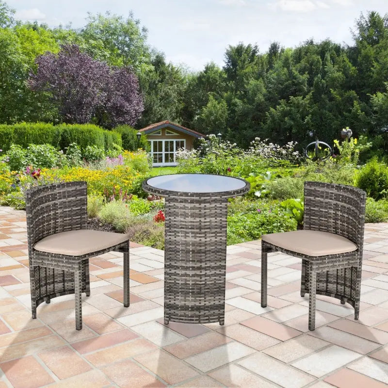 Outsunny 3 pc Outdoor Rattan Wicker Bistro Set with Storage Shelf, Glass Top Table, Soft Cushioned Chairs and Space Saving Design, Patio Conversation Set for Garden Backyard Porch, Grey