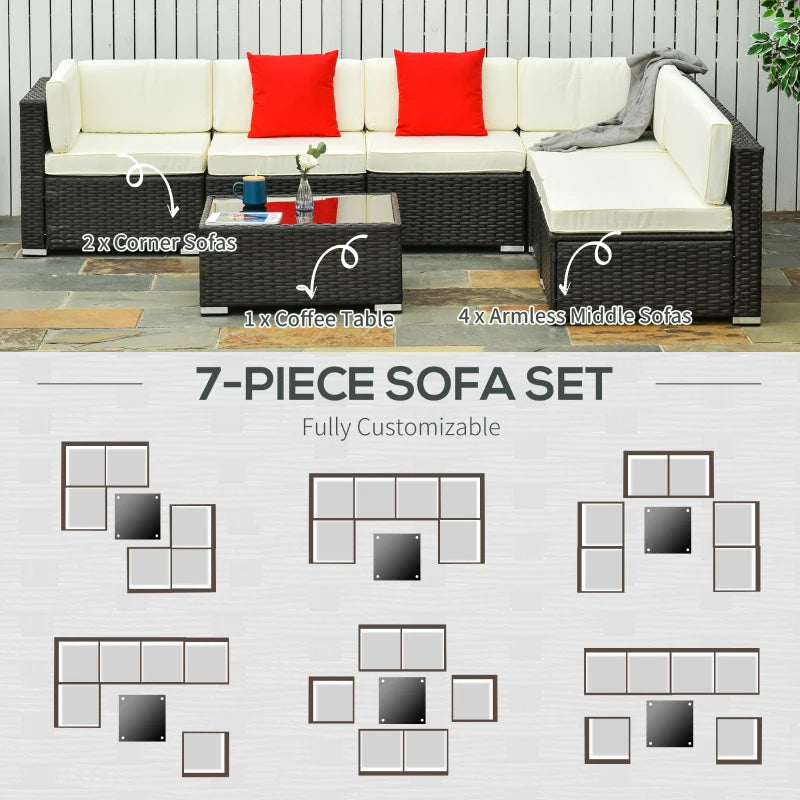 Outsunny 7 Piece Outdoor Patio Furniture Set, PE Rattan Wicker Sectional Sofa Set with Couch Cushions, Throw Pillows and Coffee Table, Dark Brown, Light Blue