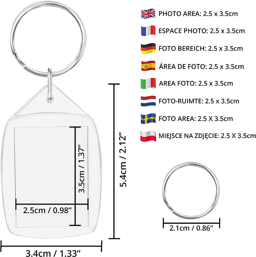 Kurtzy Blank Photo Insert Keychains (100 Pack) - Each Keyring is 5.4 x 3.4cm - Translucent Clear Acrylic Key Rings for Double-Sided Photos - Small Picture Frames for Family, Friends, Gifts & Craft